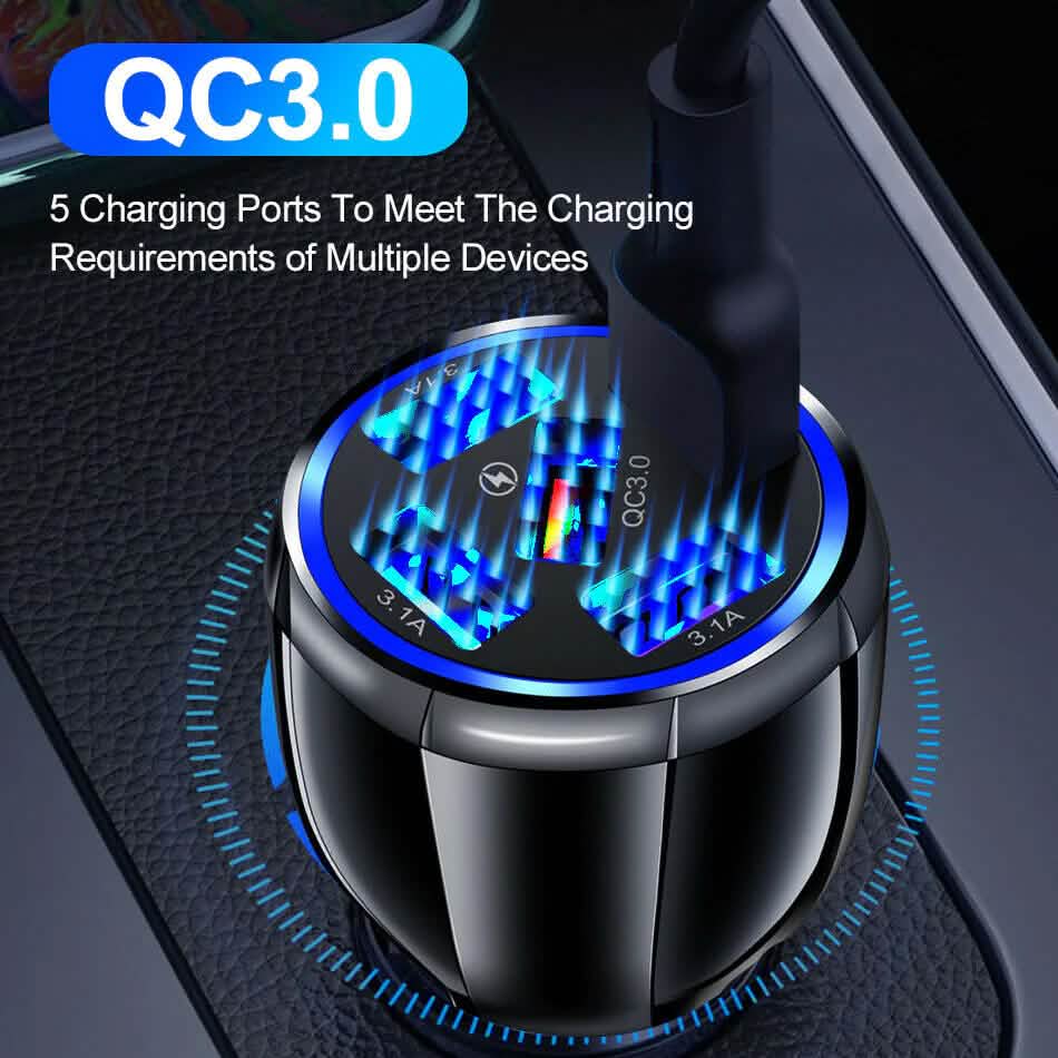 5 Port USB Fast Car Charger with LED Display