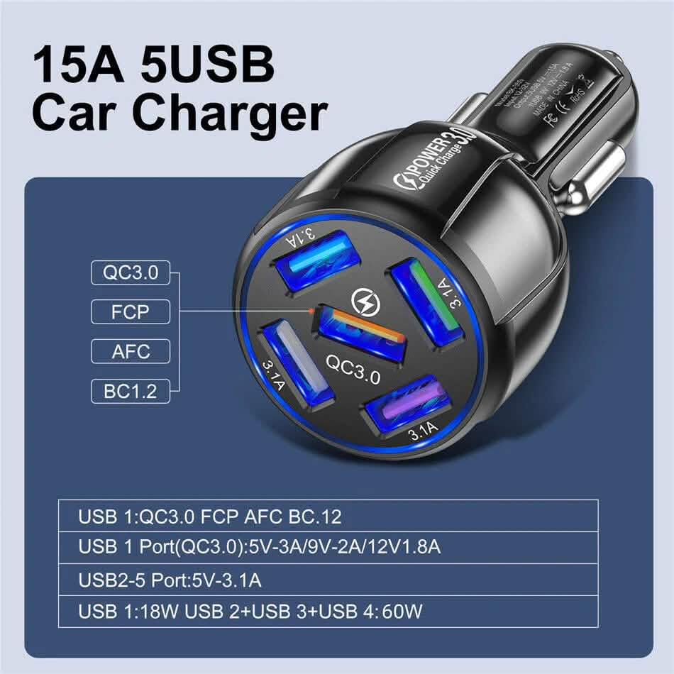 5 Port USB Fast Car Charger with LED Display