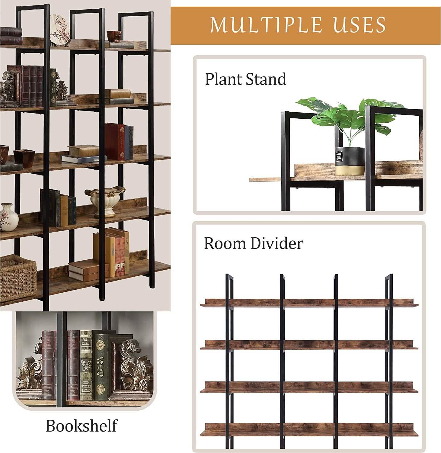 5-Tier Bookcase Tall Bookshelf, Storage Shelf with Metal Frame