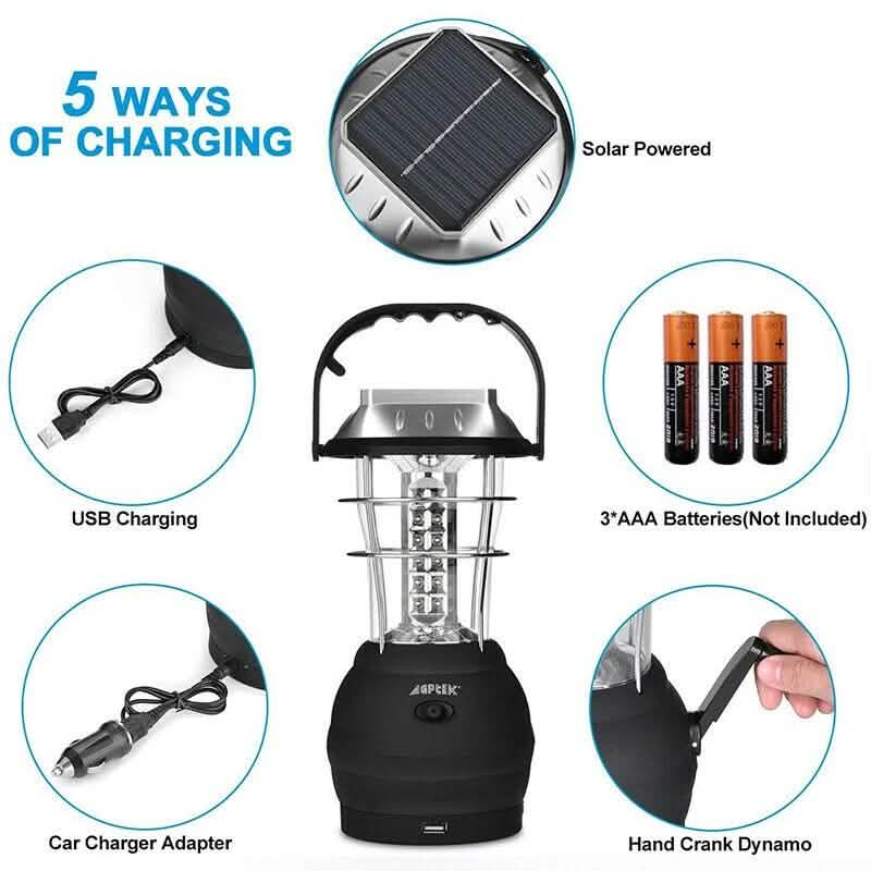 5 Way Charging 36 LED Solar Lantern Camping Light