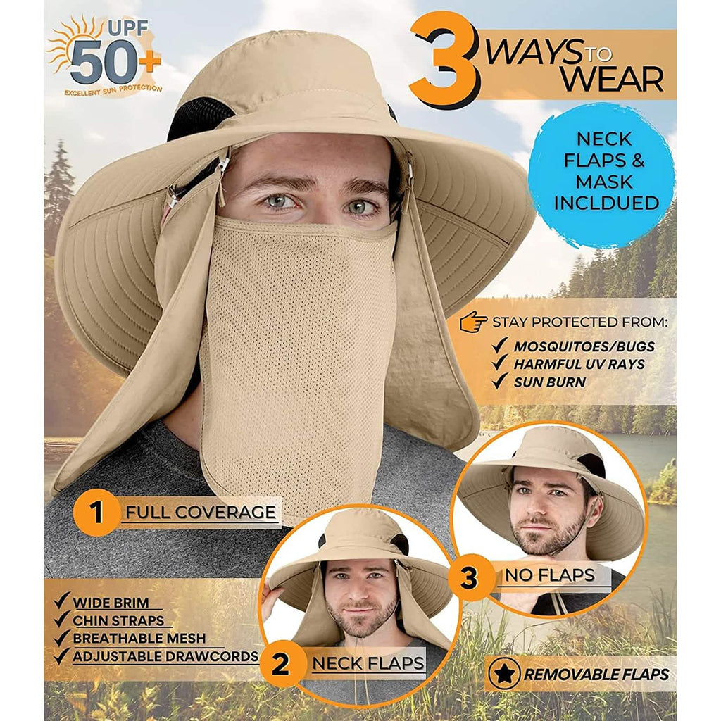 50+ Sun Protection Cap Wide Brim Fishing Hat with Face & Neck Flap