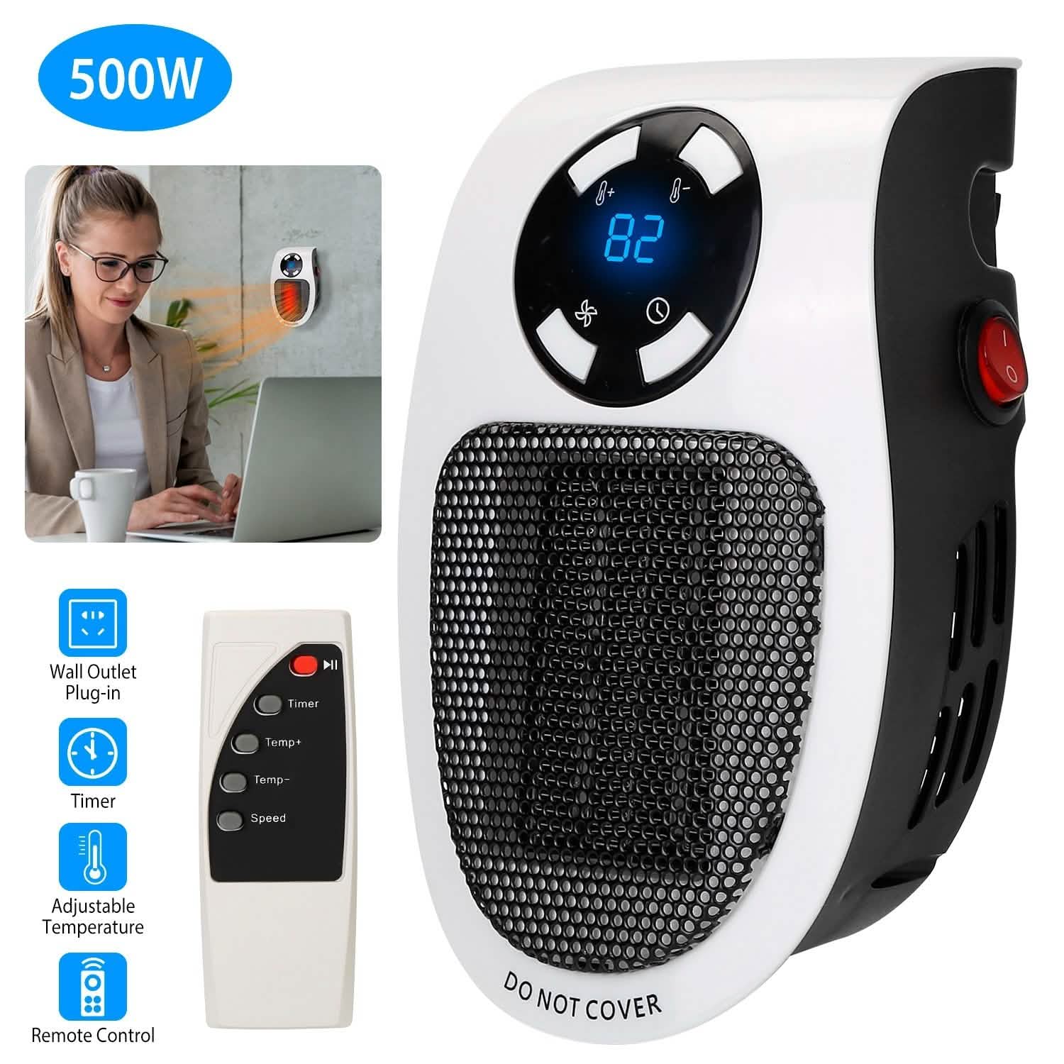 500W Portable Heater Fan Wall Outlet with Remote Control