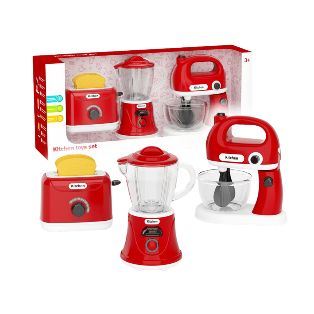 Kids Kitchen Toy Set Red Appliances with Toaster Blender and Mixer