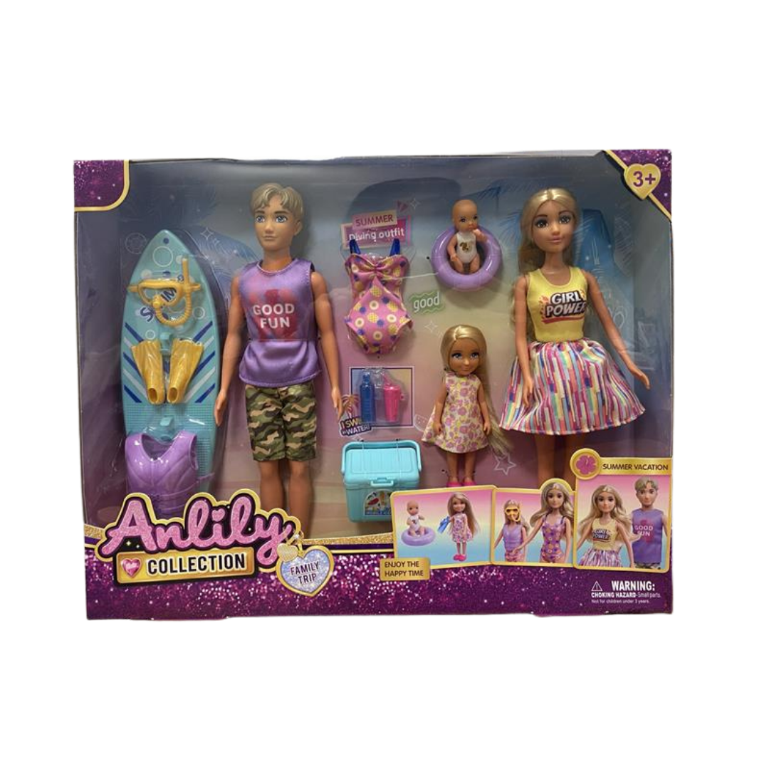 Anlily Family Trip Summer Vacation Doll Set (4 Dolls & Accessories)