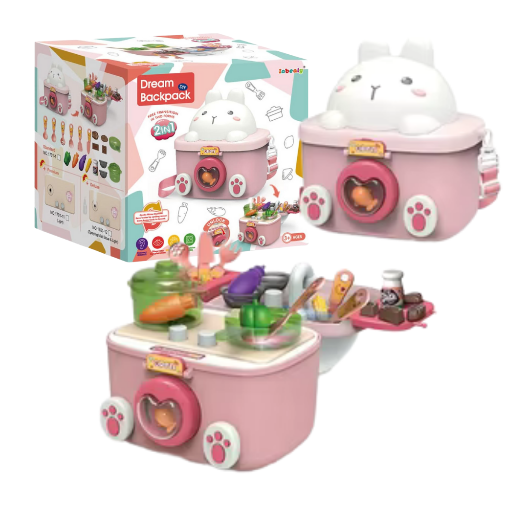2-in-1 Bunny Backpack Kitchen Playset with Cookware (Pink)