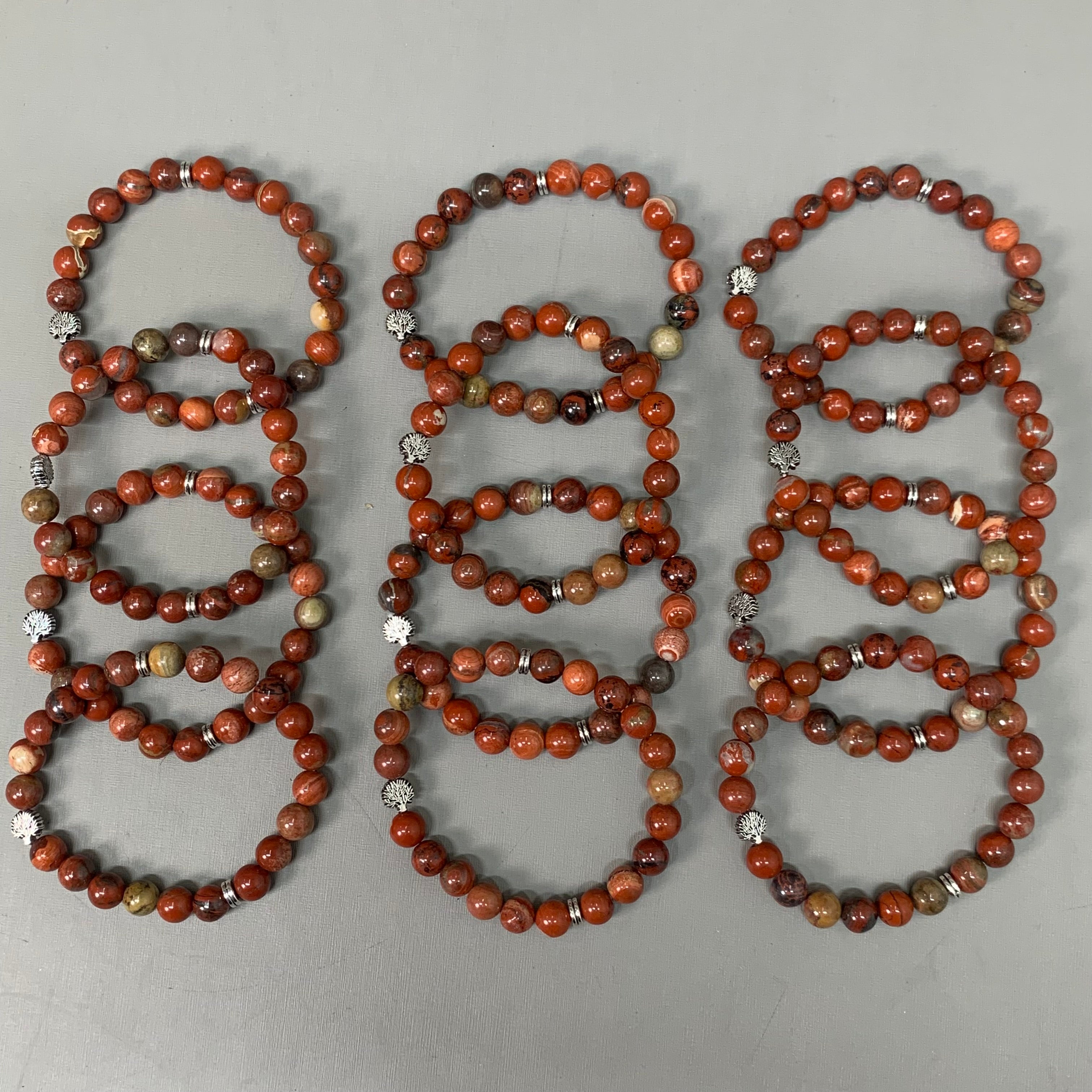 BEST WHOLESALE 12-PACK! Silver Tree Beaded Calm Jasper Crystal Bracelets 3"