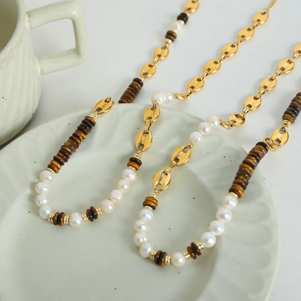 Versatile Light Luxury Titanium Steel Freshwater Pearl Tiger Eye Stone Pig Nose Chain Necklace Jewelry for Women