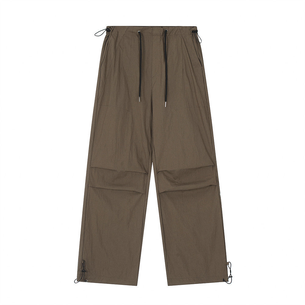 Wrinkled Casual Straight Cargo Pants Men's American Loose Solid Color Thin Sports Drawstring Cuffed Long Trousers