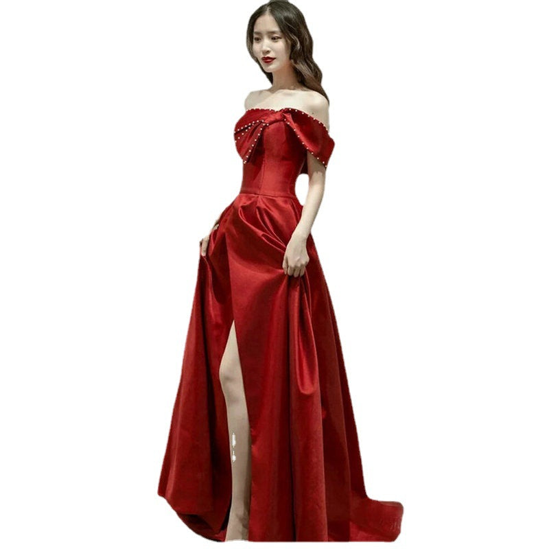 French Satin Ladies Banquet Temperament Wedding Evening Dress