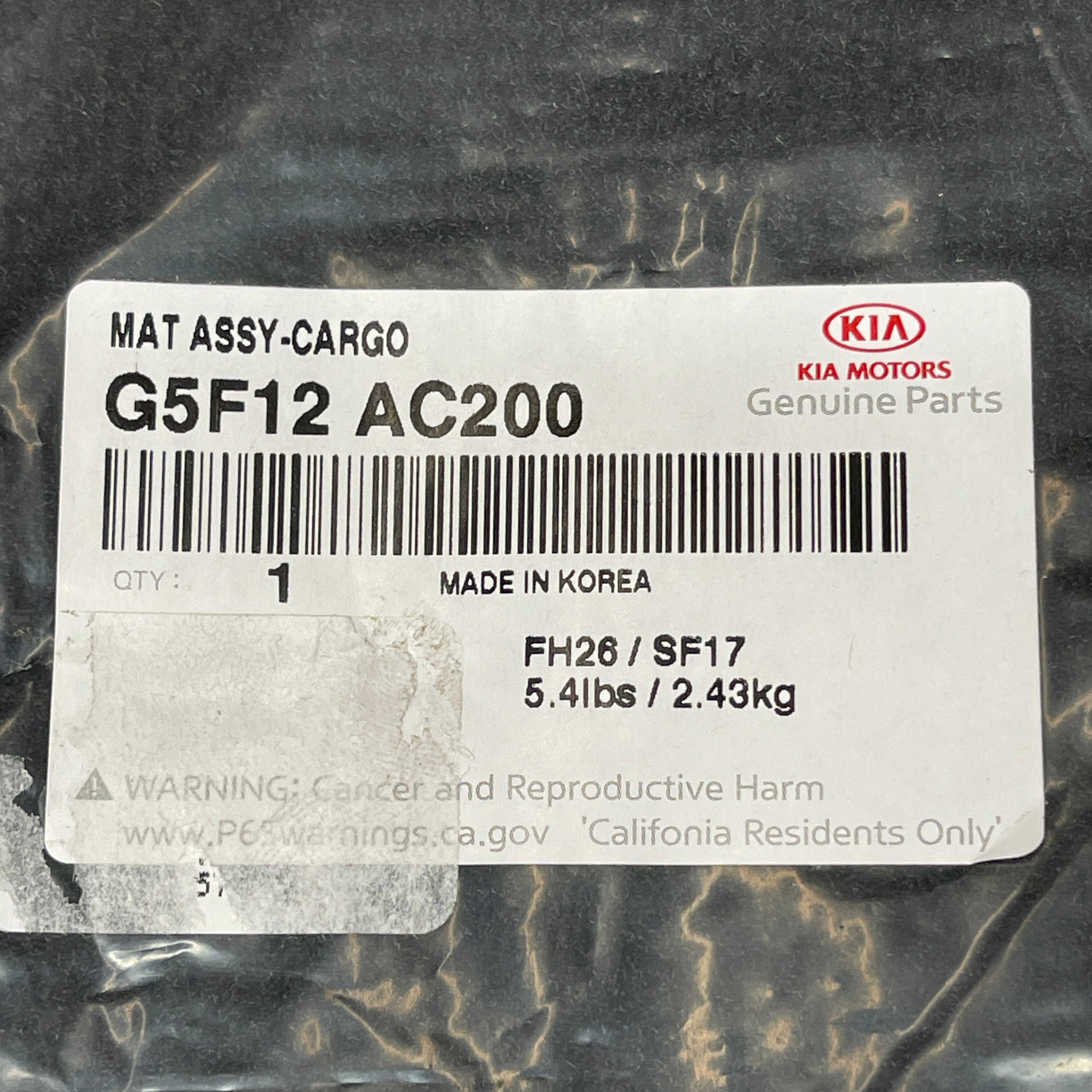 KIA Niro Cargo Mat Carpeted Cargo Liner G5. 12AC2. 0 FH G5F12-AC200