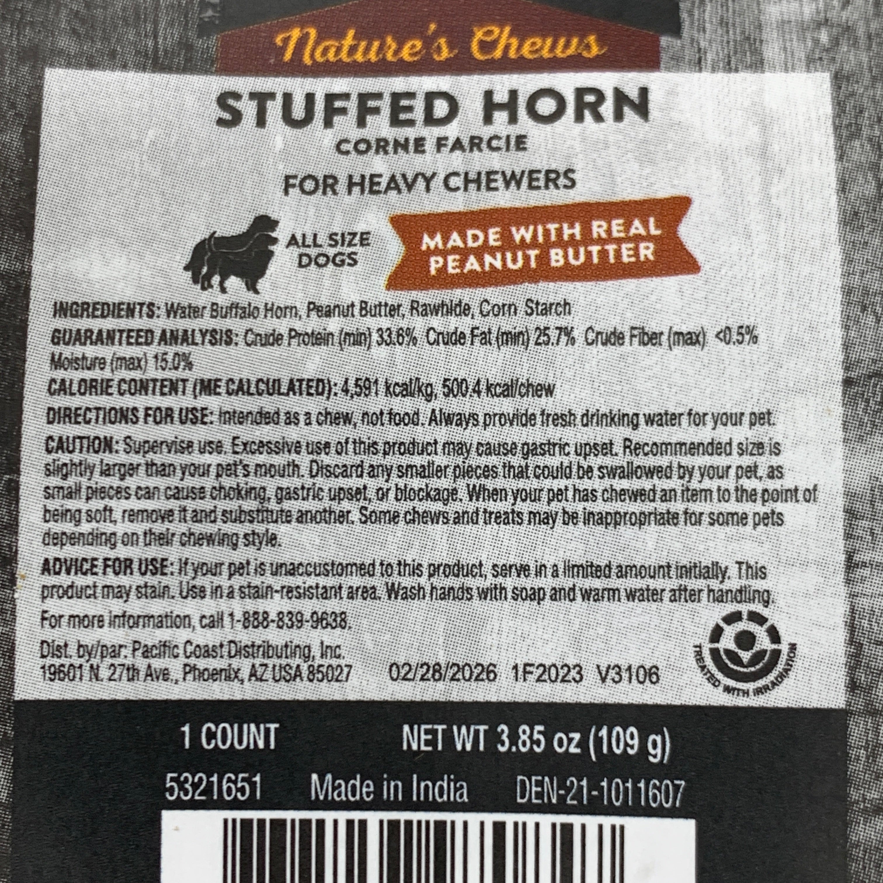 DENTLEY'S (12-PK) Filled Buffalo Horn Dog Treat Peanut Butter 5321651 BB 02/26