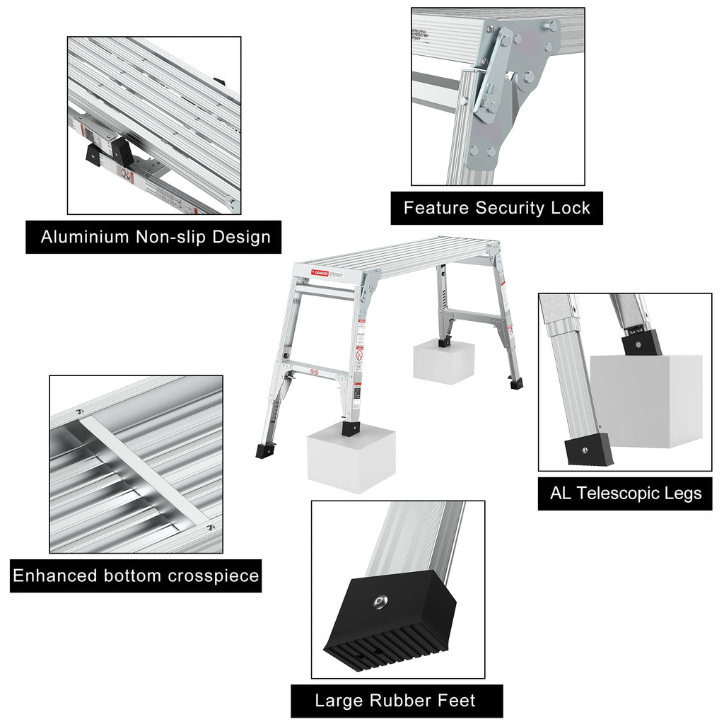 Aluminum Work Platform Large Size Step Stool Folding Portable Work Bench 40" Width Telescopic Feet 22" -27.5" Height Adjustable