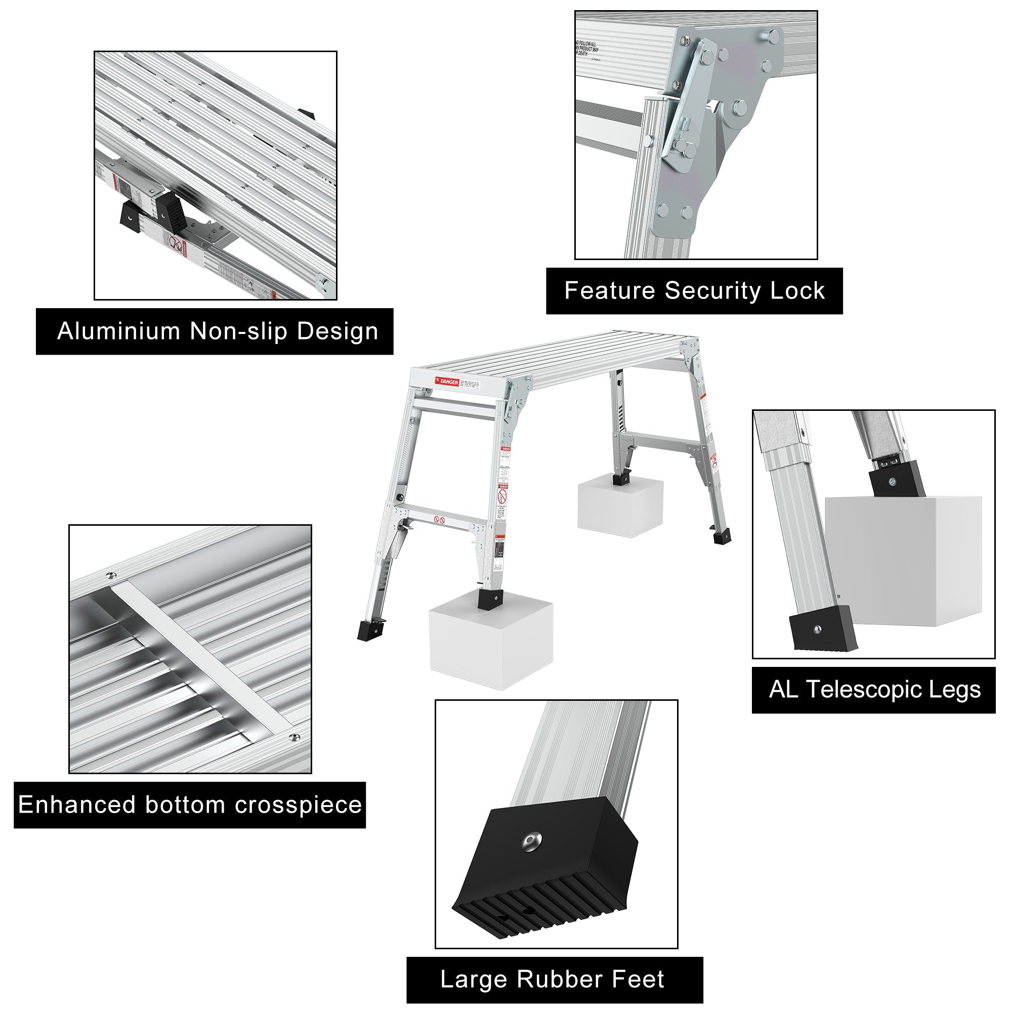 Aluminum Work Platform Large Size Step Stool Folding Portable Work Bench 40" Width Telescopic Feet 22" -27.5" Height Adjustable