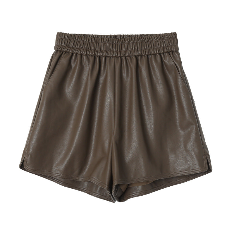 Loose A-line wide leg elastic short leather pants