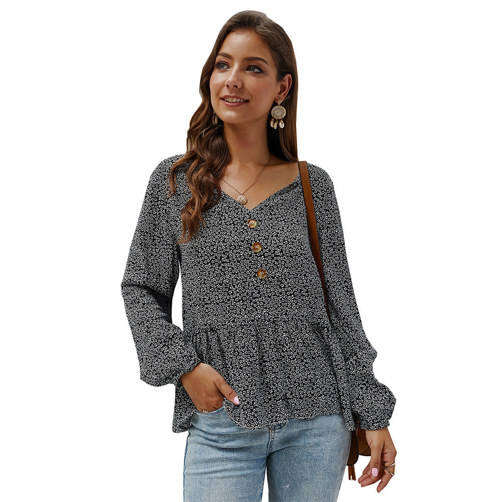 New Product Floral Long-sleeved V-neck Shirt Top