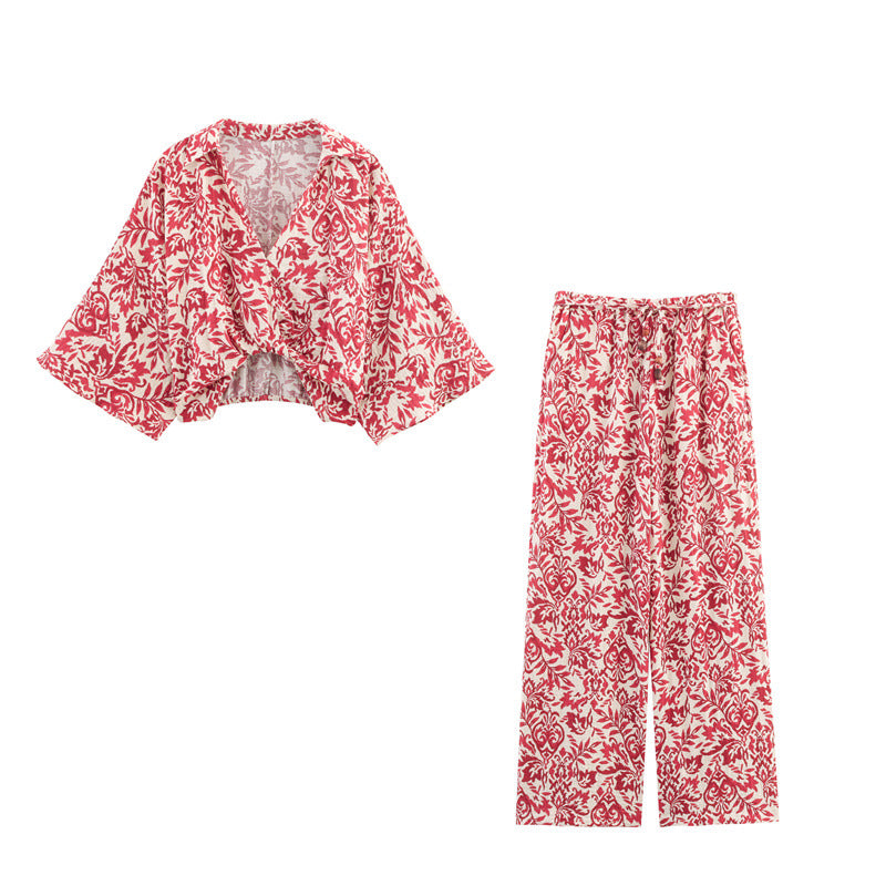 Style Women's Fashion Casual Printed Long Sleeve Top and Wide Leg Pants