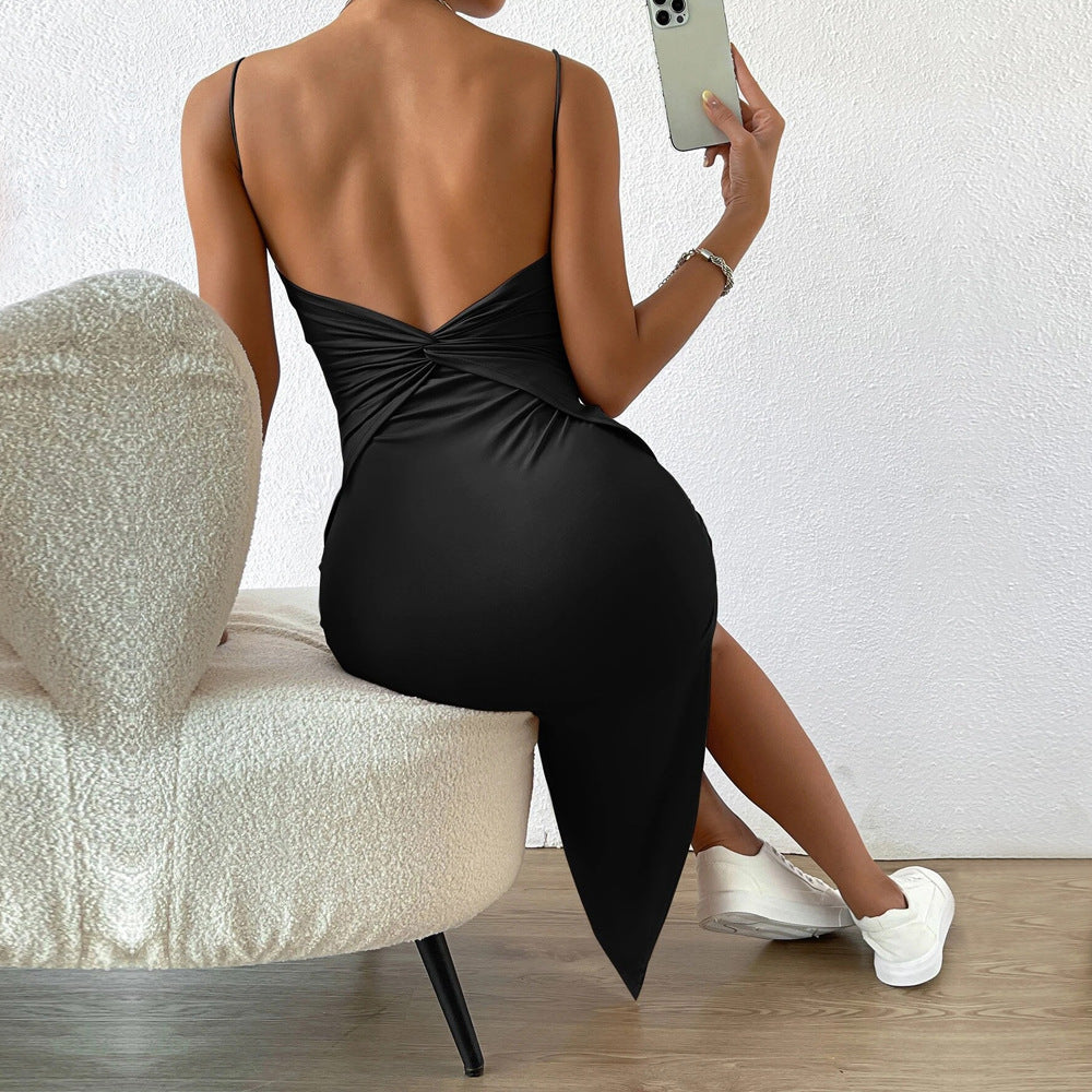 Suspender Dress Backless Slit One Step Sheath Dress