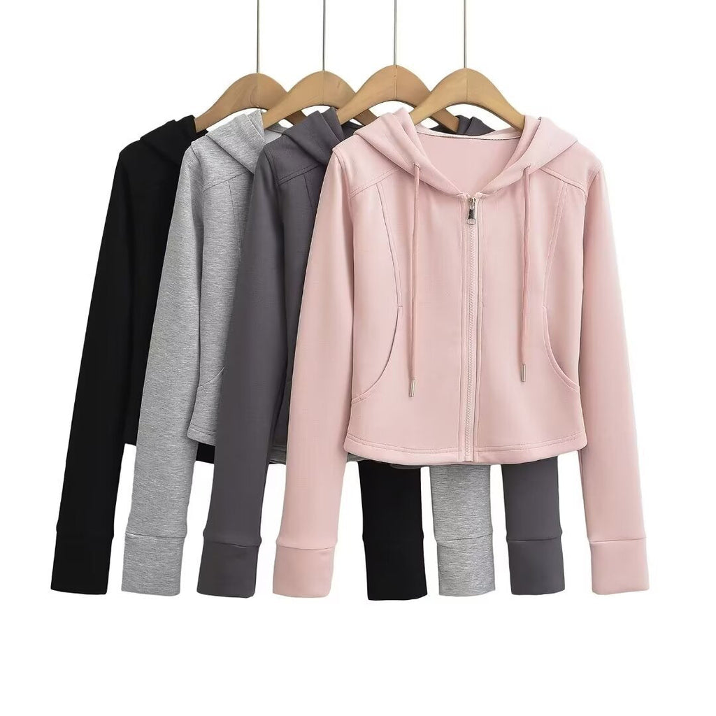 Drawstring hooded zipper long sleeved slim fit hoodie
