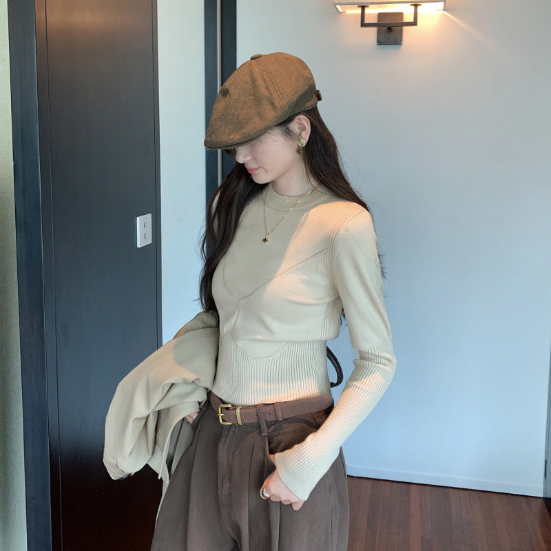 Solid Color Autumn Round Neck Long Sleeve Fitted Slimming Elegant Top