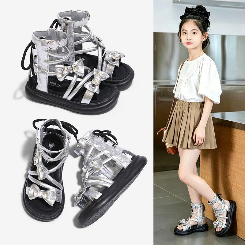 2026 Summer New Girls Roman Sandals, Bow Princess Style Soft Sole Non-slip Kids Roman Boots, Korean Fashion