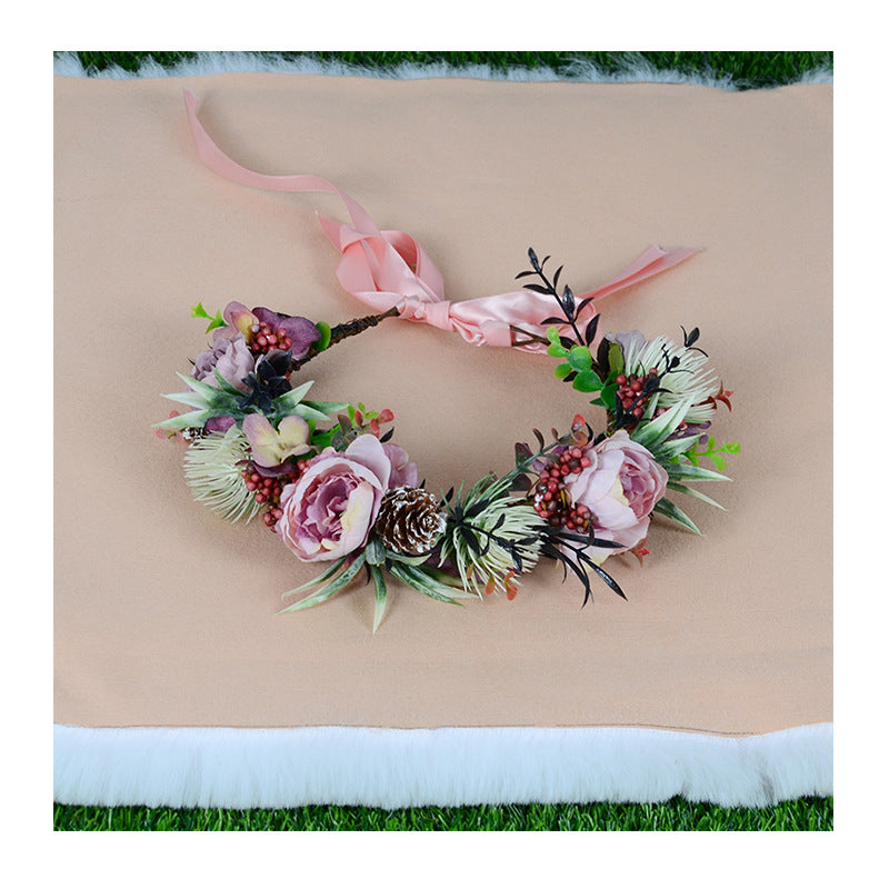 Vintage flower wreath autumn pine cone handmade simulation flower bridal hair accessory Hanfu headwear female