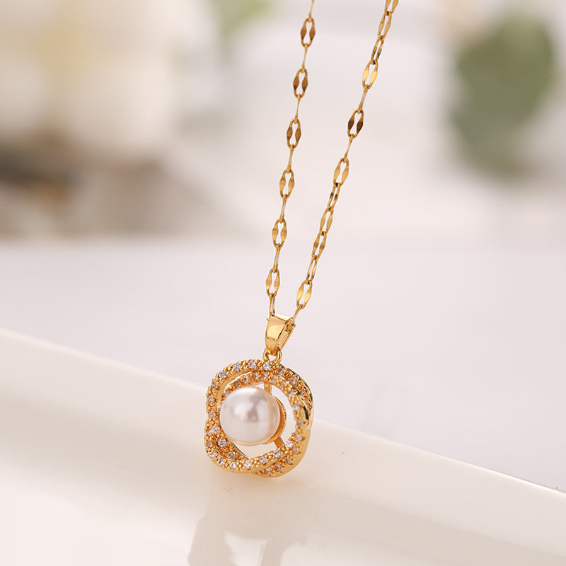Titanium Steel Necklace Women''s Hollow Bird''s Nest Imitation Pearl Pendant