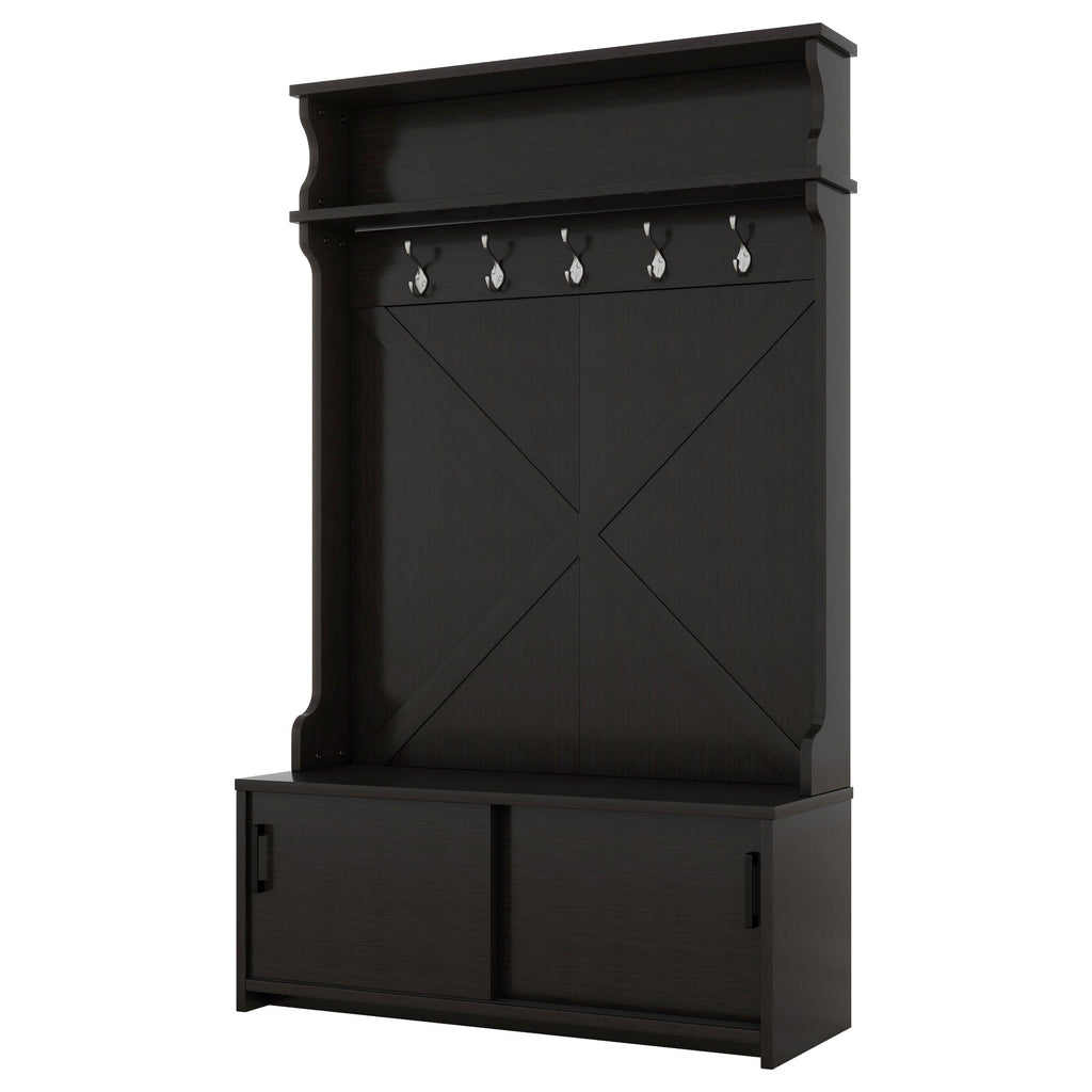 Hall tree with roof rack and storage platform, corridor shoe cabinet with sliding door, clothes hanger with 5 hooks black