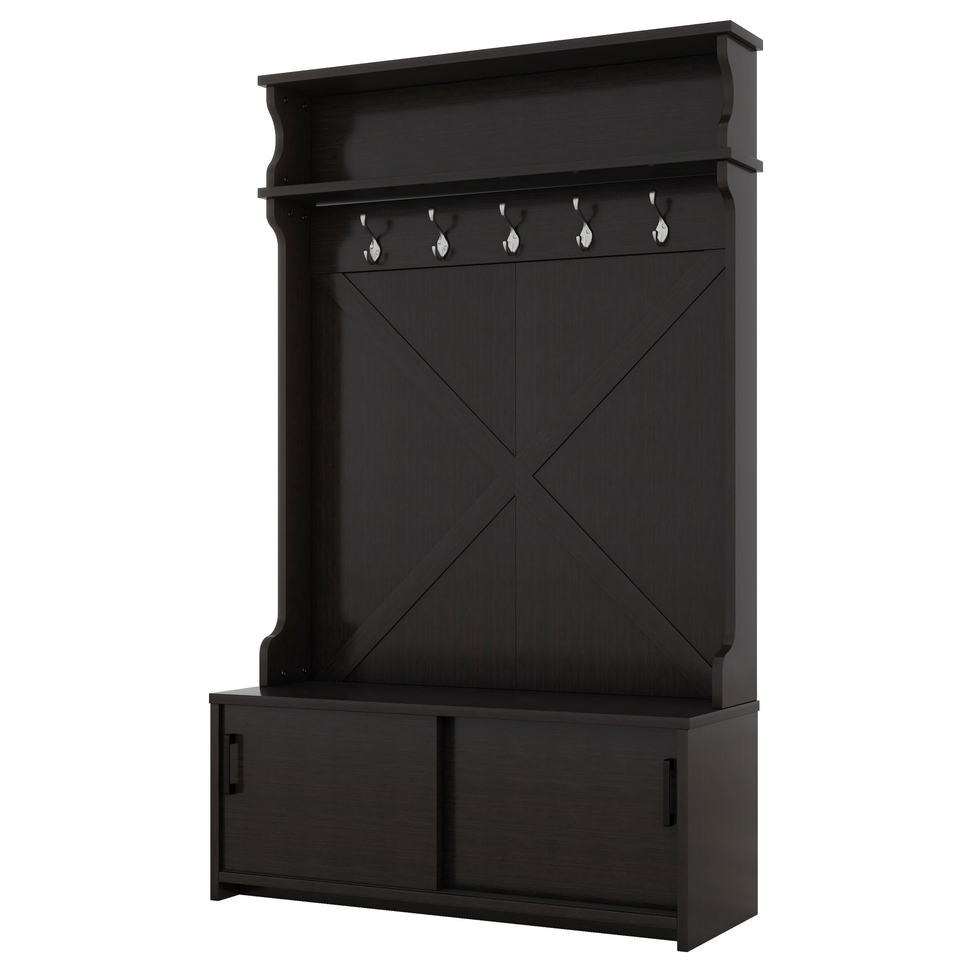 Hall tree with roof rack and storage platform, corridor shoe cabinet with sliding door, clothes hanger with 5 hooks black