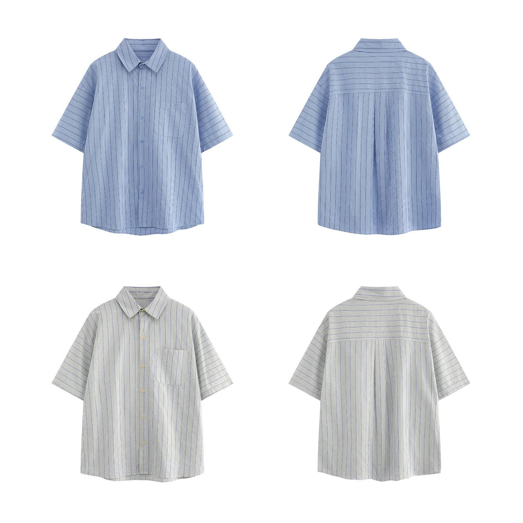 Patch striped casual loose silhouette short sleeved shirt for men