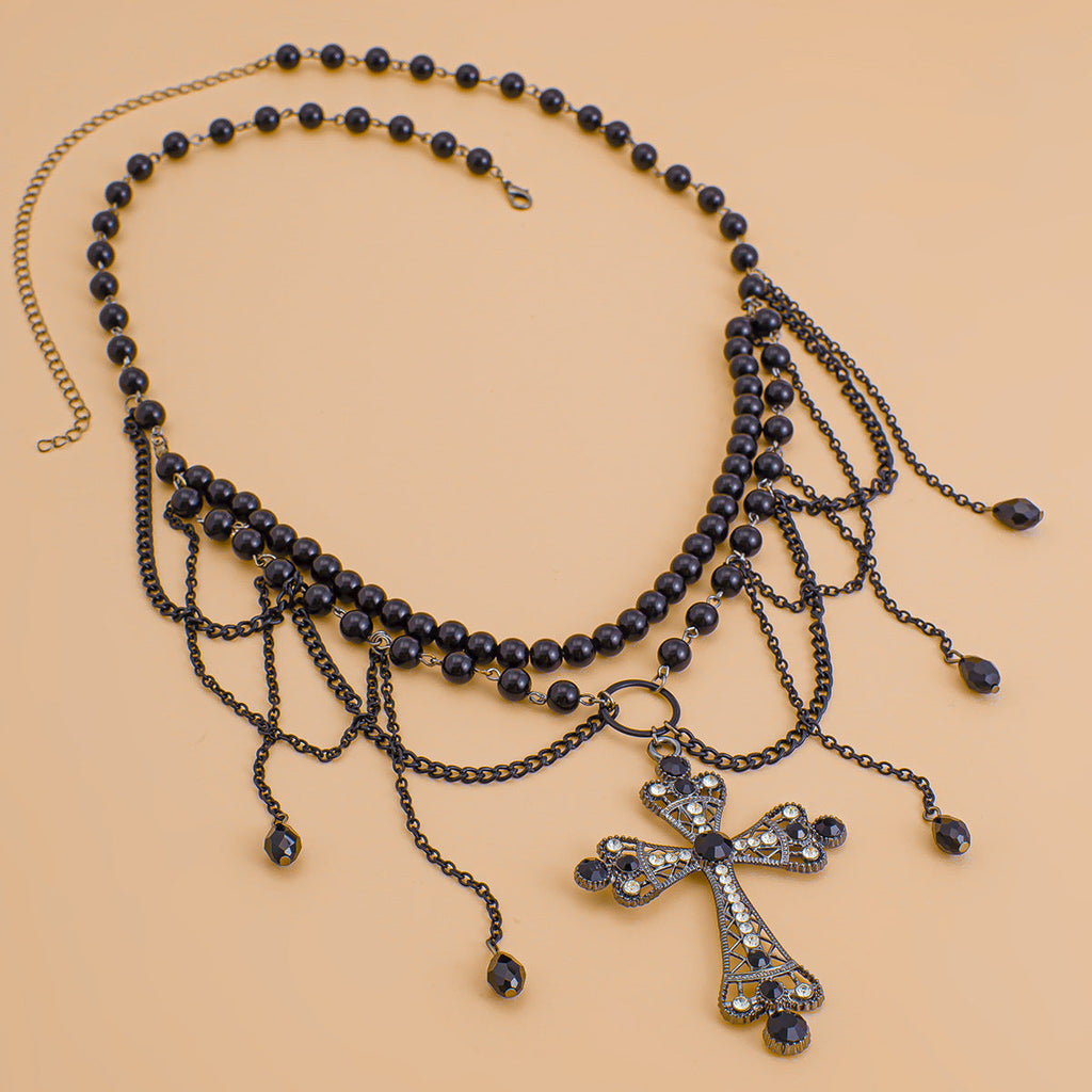 Dark Wind Cross Iron Chain Waist Chain Multi layer Versatile Tassel Crystal Body Chain Female