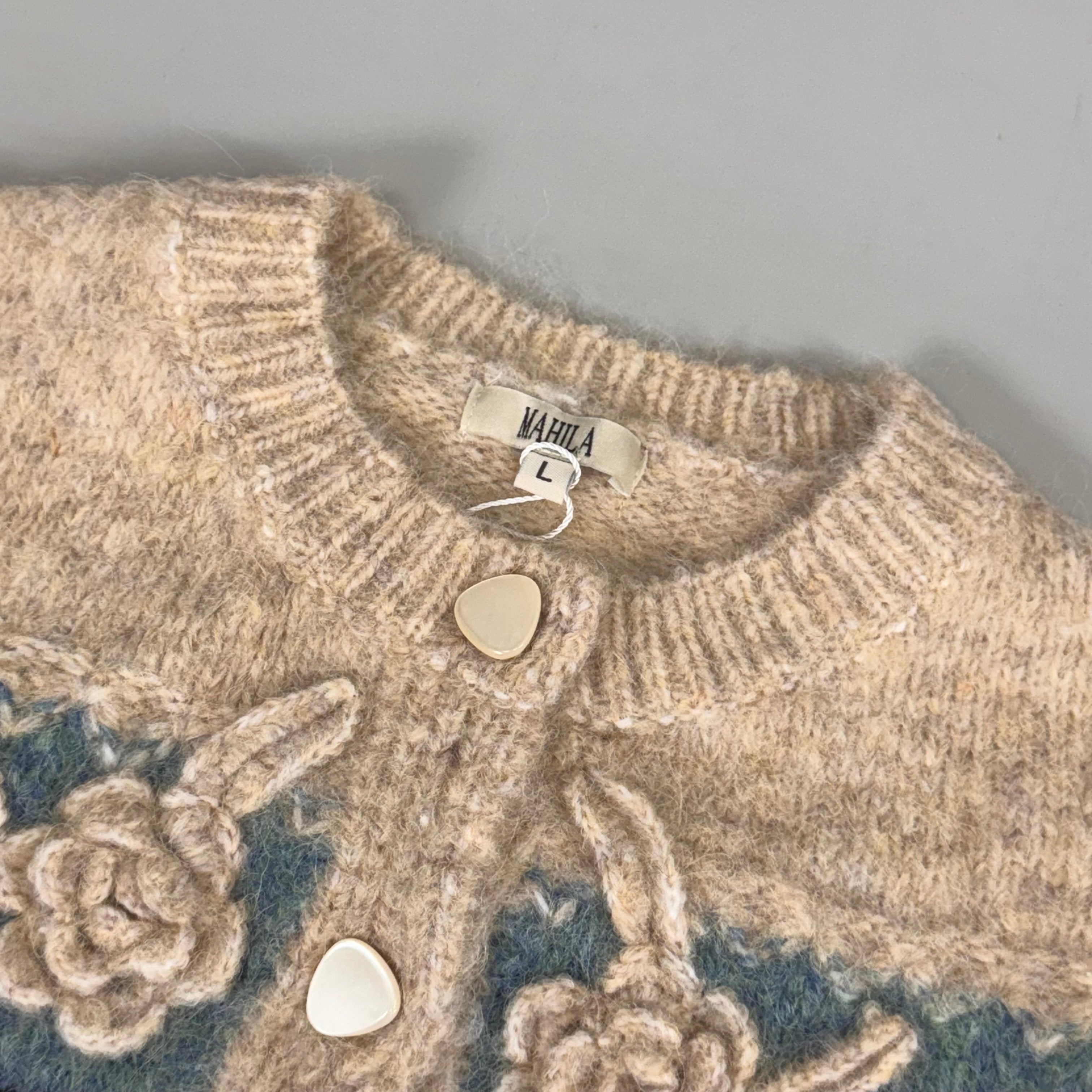 MAHILA Louisa Bloom Cropped Cardigan Fuzzy Embroidered Rosette Women's SZ L Blue