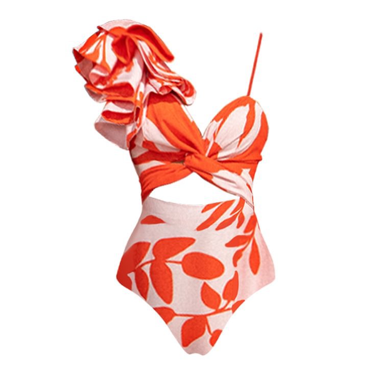 Single shoulder lotus leaf edge one-piece swimsuit with hollowed out waist for slimming effect