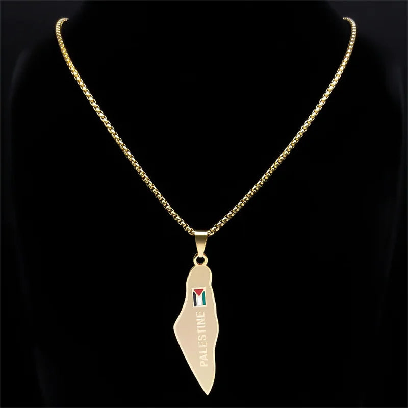 Palestine Map National Flag Necklace for Women Men Stainless Steel Gold Color Country Geography Chain Jewish Jewelry N7600S02