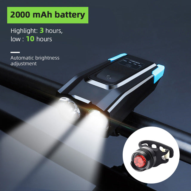 Bicycle Front Light USB Rechargeable Smart Headlight With Horn LED Bike Lamp Headlight Waterproof Bicycle Light With Horn Speaker Touch Switch USB Power Display 4000mAh