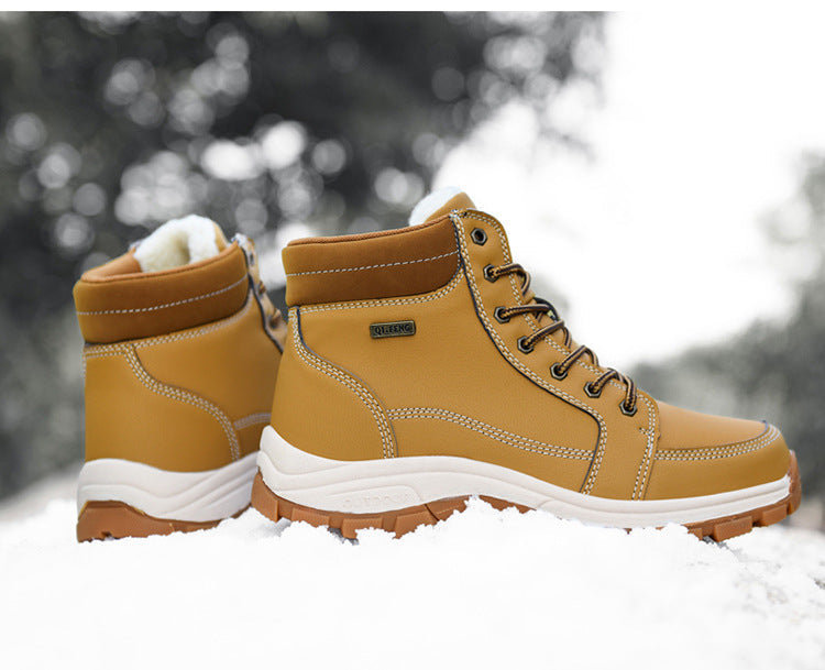 Brown Winter Mens Snow Boots Warm Plush Boots Waterproof Leather Ankle Boots Fashion Outdoor Non-slip Men's Hiking Boots Winter Ankle Snow Hiking Boots Warm Water Resistant Sport Shoes
