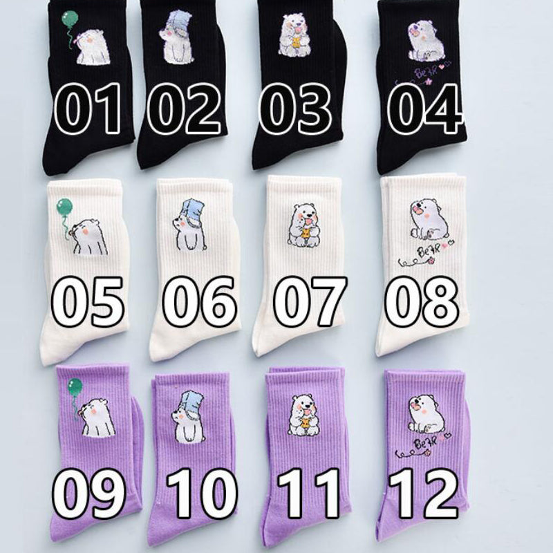 4Pair Spring And Summer Combed Out Of Pure Cotton Socks Mid Waist Fashion Bear Socks Cute Animal Socks Kawaii Cute Cartoon Purple College Socks For Men And Women