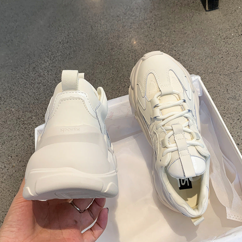 Elegant Women's Sneakers Lace Up Thick Platform Casual Shoes Leather Comfortable Walking Footwear Fashion New Lightweight Casual Everyday Walking Fashion Sneakers