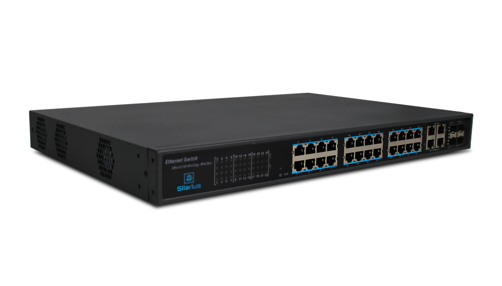 Silarius SIL-SW24POE 28 Ports POE switch with 24/100MB Ports PoE+, 4 Gigabit Uplinks, and 4 SFP Slots Uplink - 370W POE