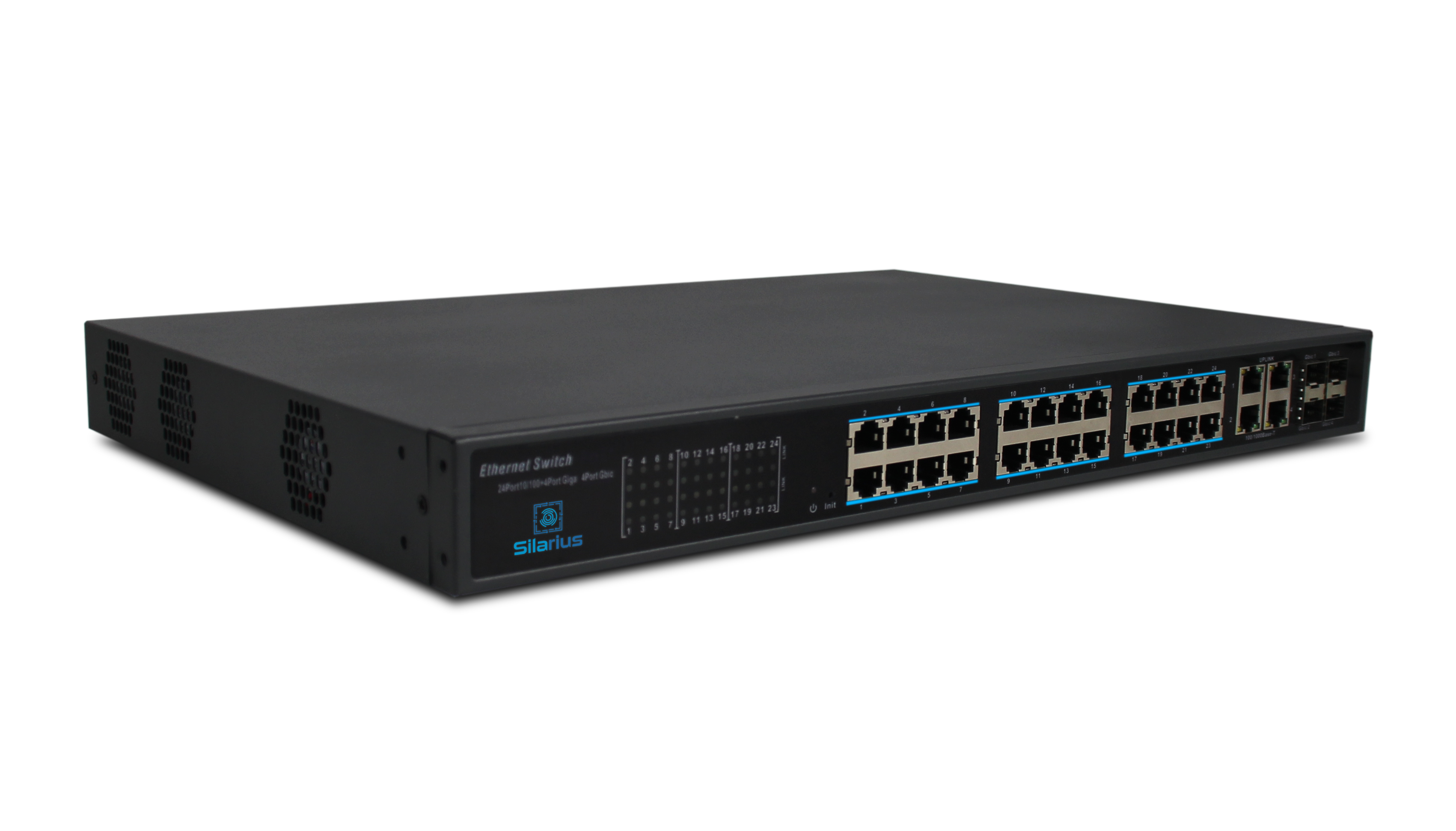 Silarius SIL-SW24POE 28 Ports POE switch with 24/100MB Ports PoE+, 4 Gigabit Uplinks, and 4 SFP Slots Uplink - 370W POE