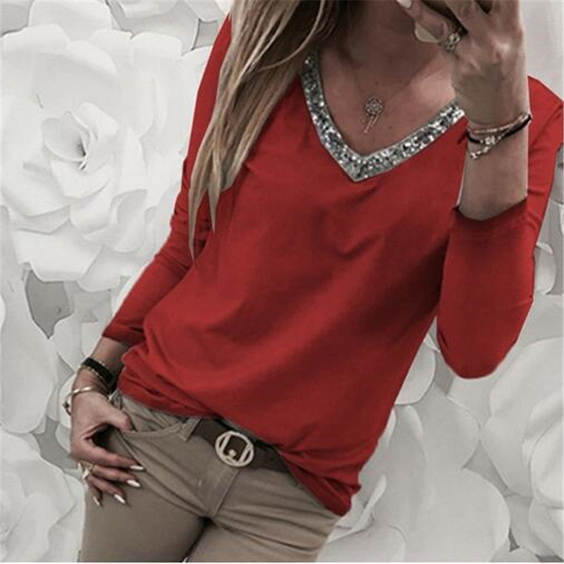 Women's Stitching V Neck Sequin Long Sleeve T-shirt Plus Size Top