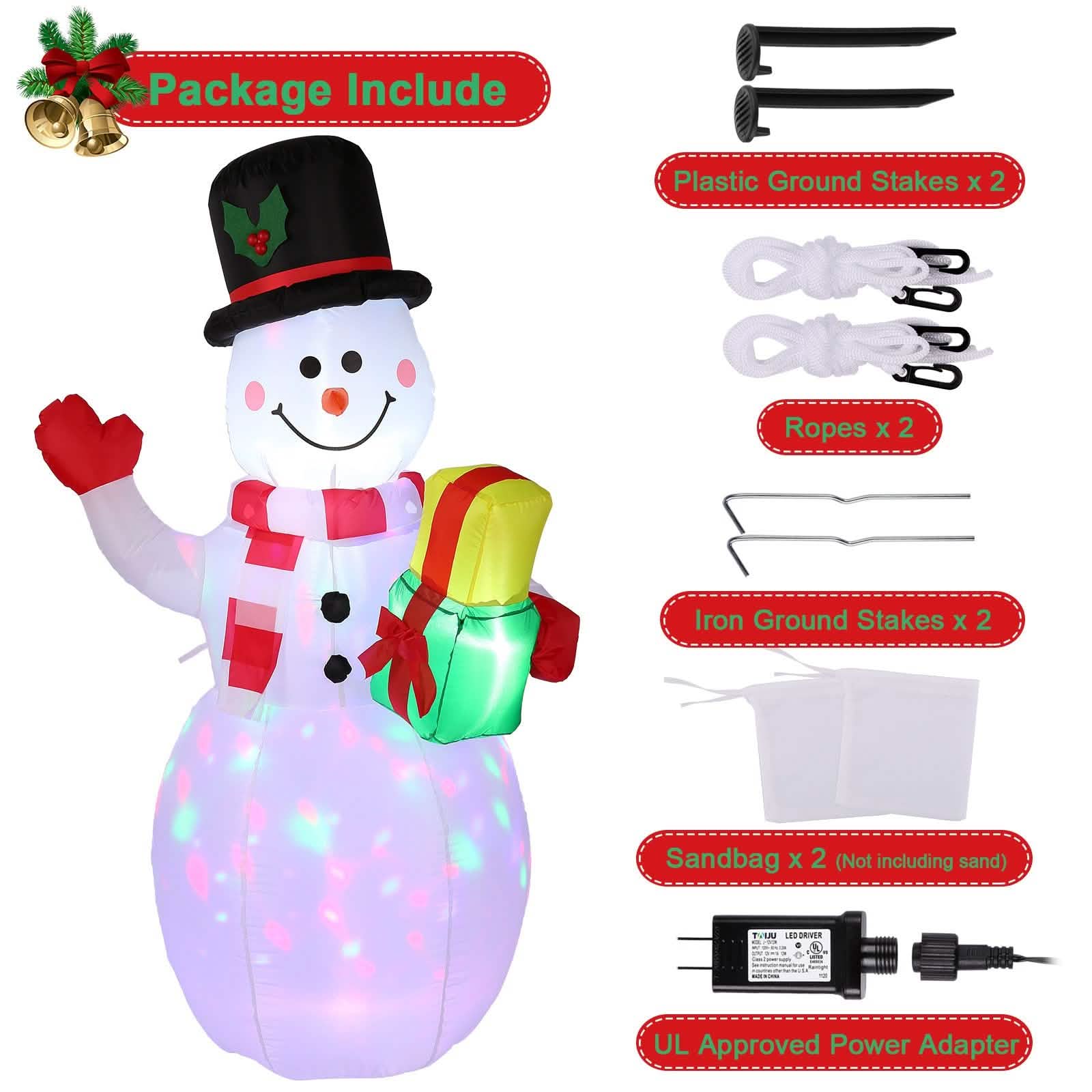 5FT Snowman Inflatable Outdoor Decoration Rotating LED Lights