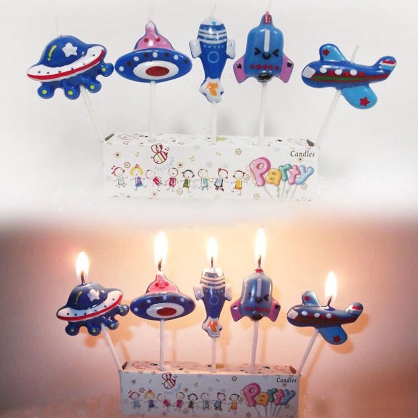 5PCS/Set Airplane Candle Cartoon Aircraft Spacecraft Rocket Birthday Cake Candles Outer Space Party Favors Cute Space Ship Cake Decorations for Kids Perfect for Birthday Party Children Carnival Party And Cupcake Decorative Candle For Kids Party