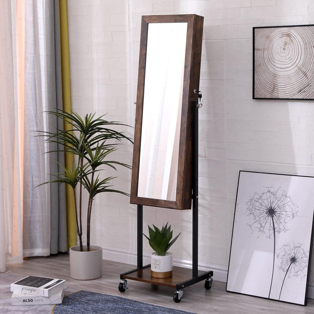 6 LEDs Mirror Jewelry Cabinet Armoire with Wheels