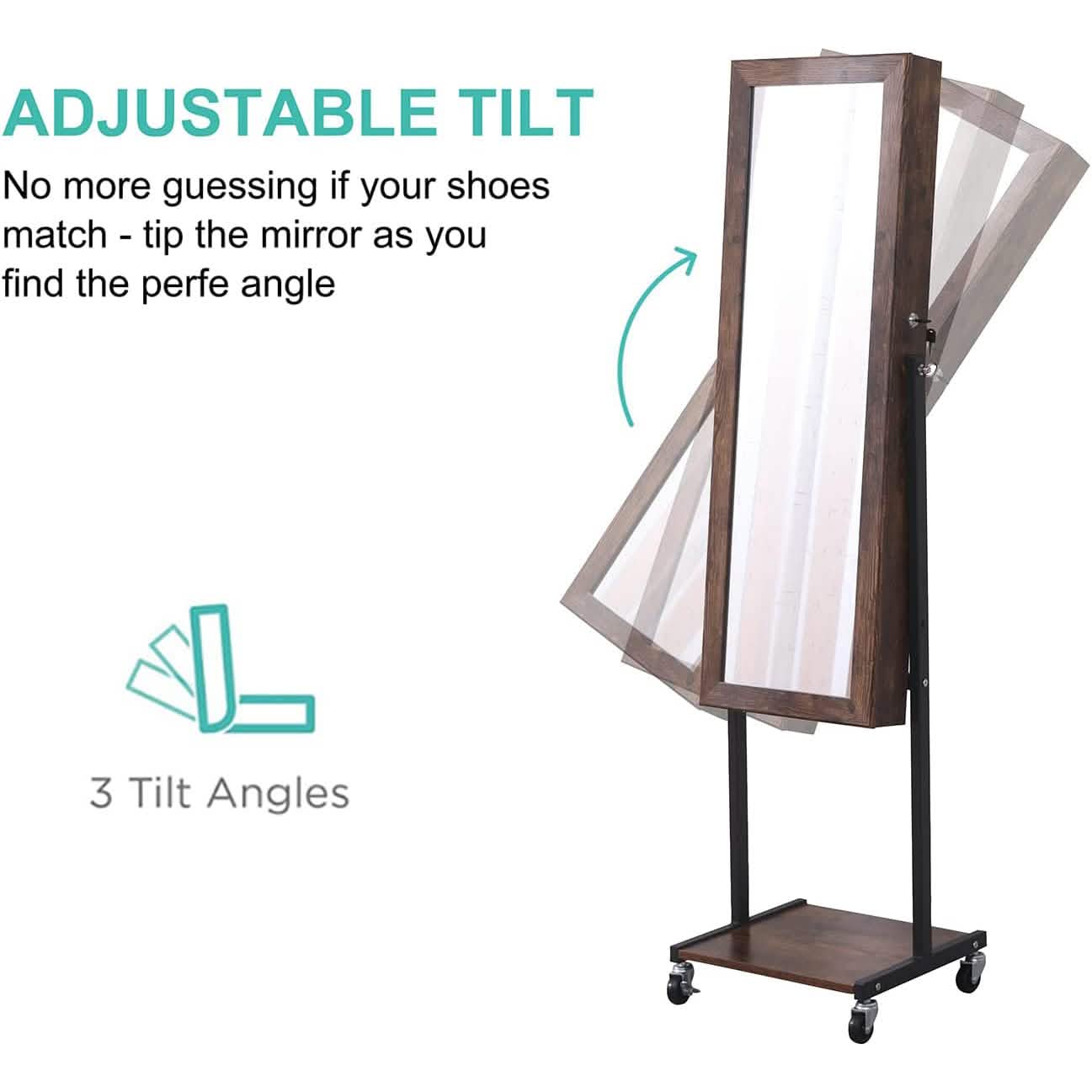 6 LEDs Mirror Jewelry Cabinet Armoire with Wheels