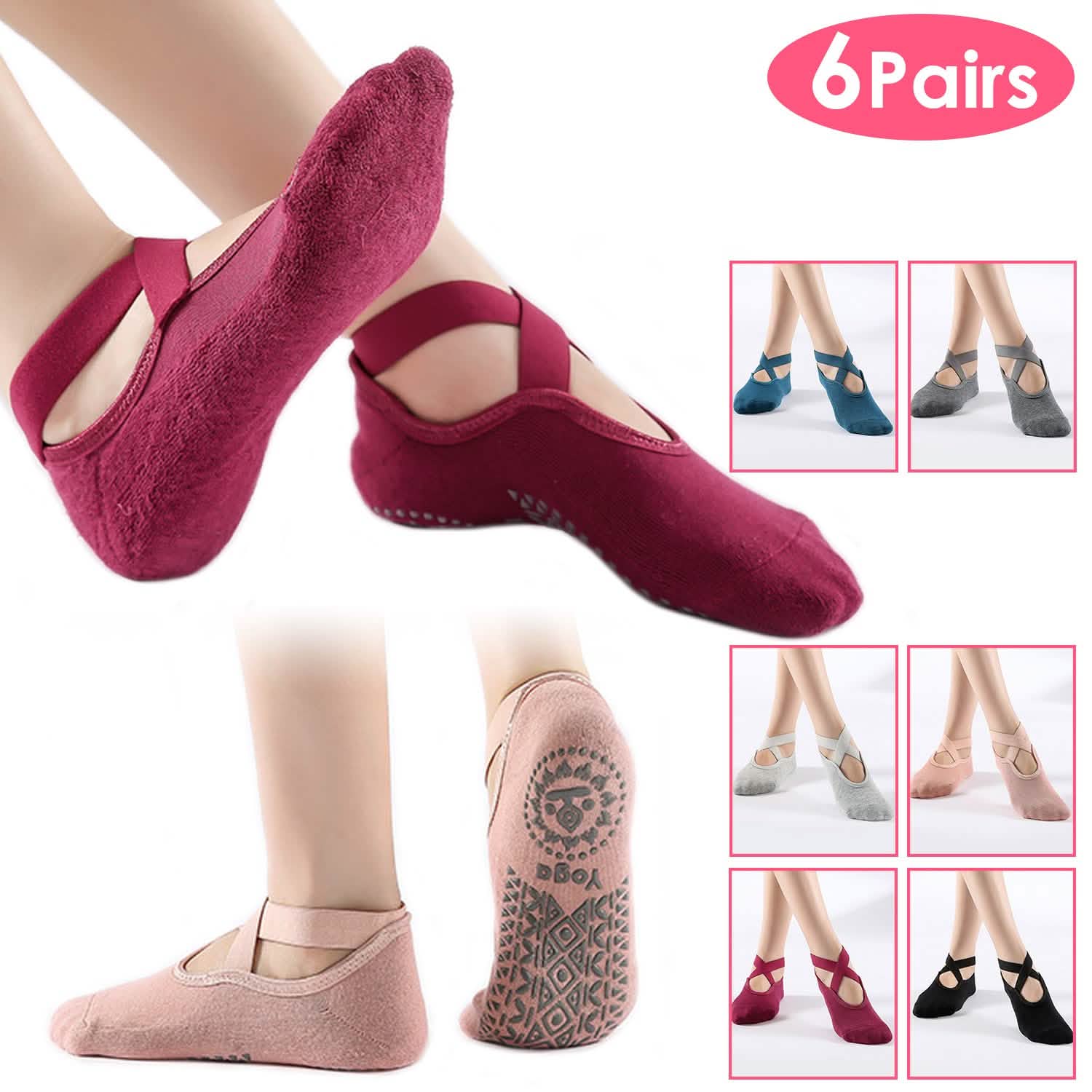 6-Pack: Women Yoga Socks with Straps Non-Slip Grips