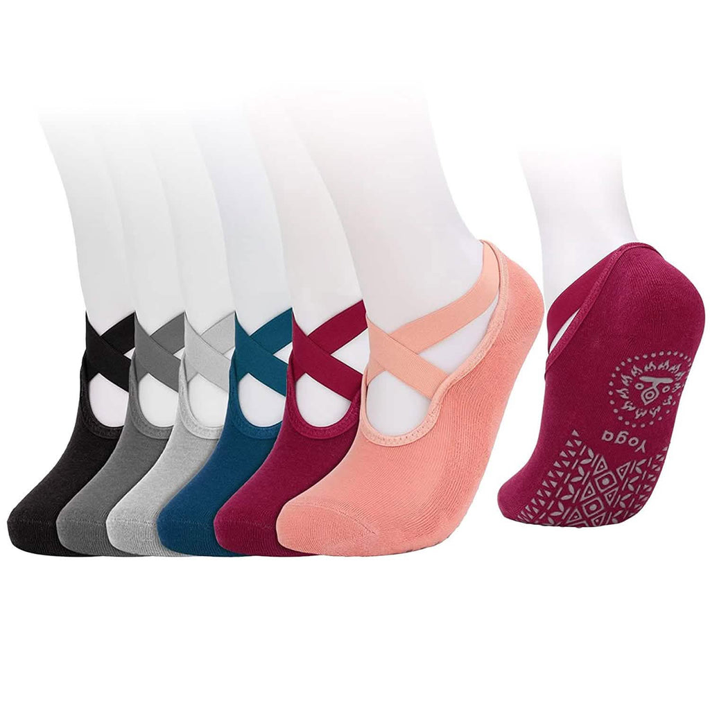 6-Pack: Women Yoga Socks with Straps Non-Slip Grips