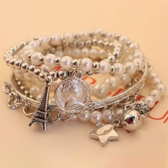 6-Piece: Multi Layer Pearl Bracelet Set