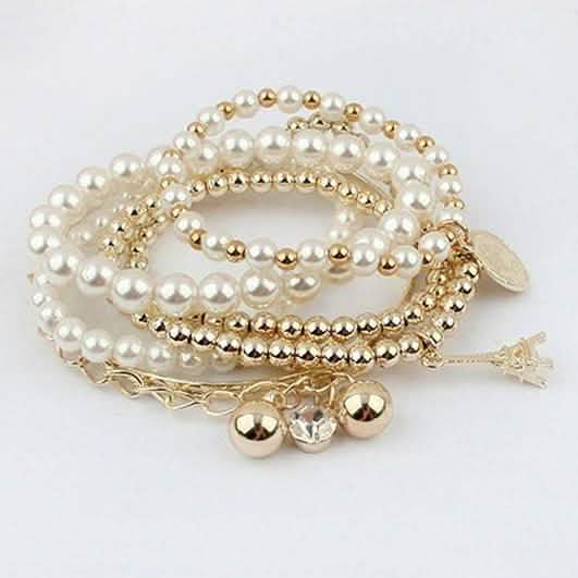 6-Piece: Multi Layer Pearl Bracelet Set
