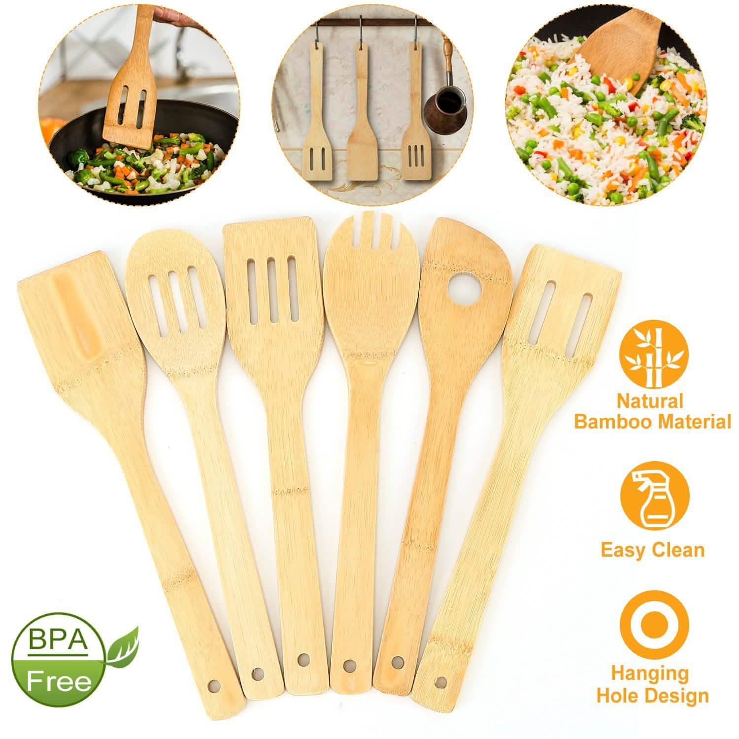 6-Pieces: Cooking Utensil Bamboo Wooden Spoons