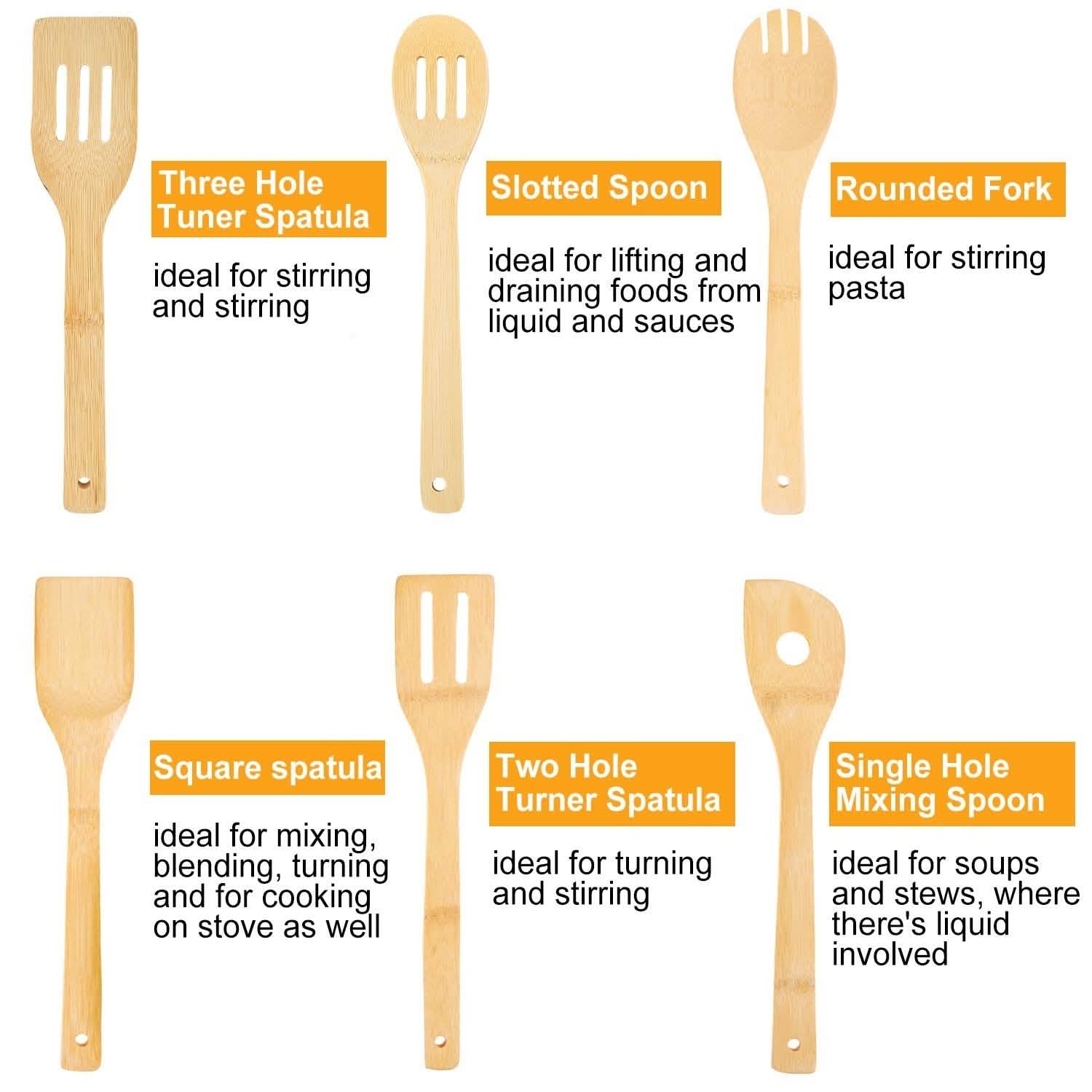 6-Pieces: Cooking Utensil Bamboo Wooden Spoons
